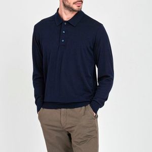 Long sleeve blue polo shirt in extra fine Merino wool
