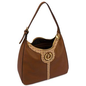 Bag in tumbled faux leather with gold logo and logos