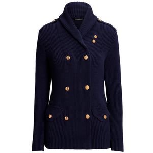 Blue knit jacket with gold buttons