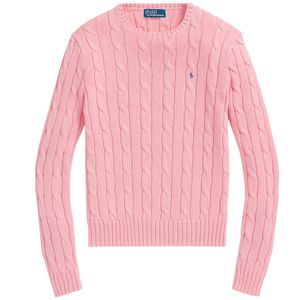 Round neck pink cable knit cotton sweater with pony