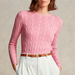 Round neck pink cable knit cotton sweater with pony