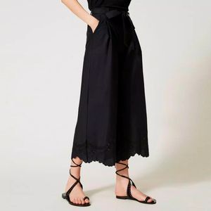 Black poplin trousers with broderie anglaise embroidery