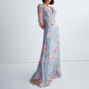 Long blue formal dress with floral print