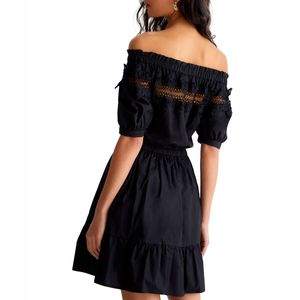 Short black off shoulder dress with macramé lace