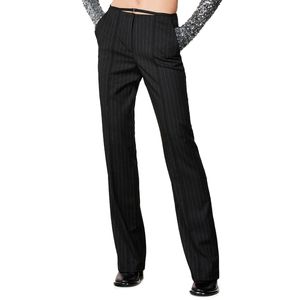 Pinstriped trousers with hook at the waist