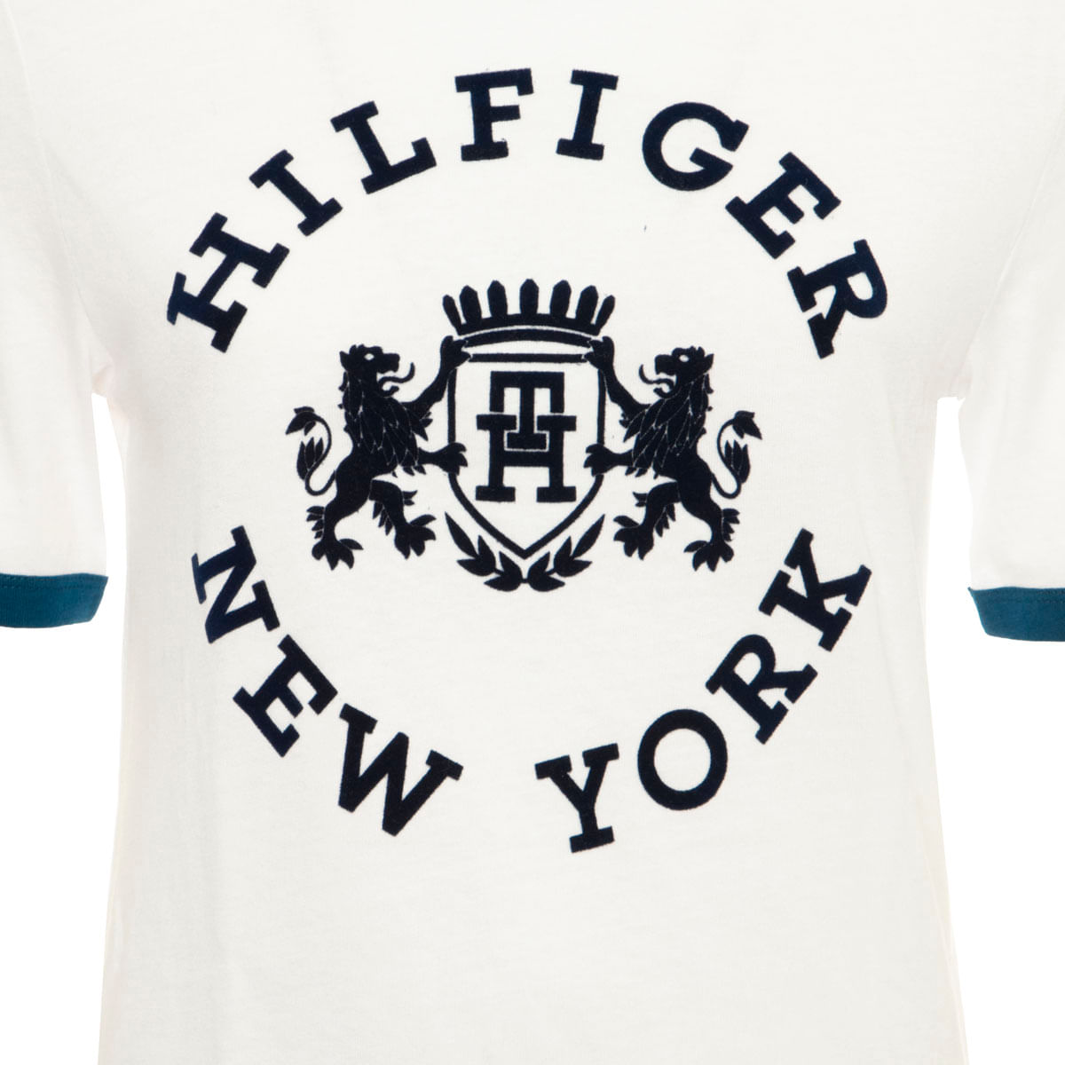 TOMMY HILFIGER - T-shirt bianca con maxi stampa e bordi blu su