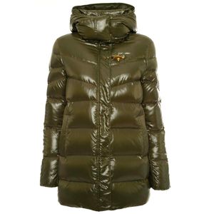 Semi-shiny green down jacket with hood