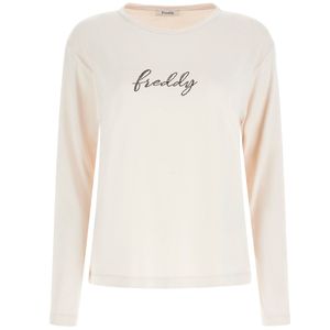 T-shirt manica lunga in jersey viscosa con logo strass