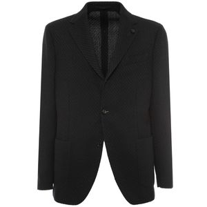 Giacca monopetto blu in lana e cotone