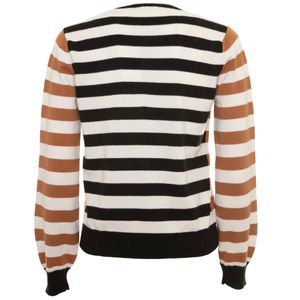 Maglione a righe beige marrone e nero scollato a V