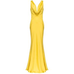 Long yellow satin formal dress with draping