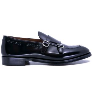 Black moccasin with woven detail and buckles