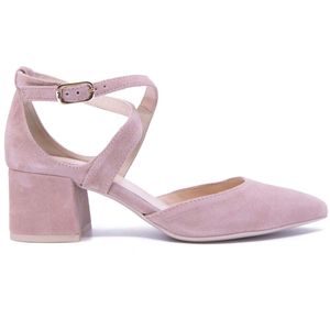 Pink suede pumps with crossed strap