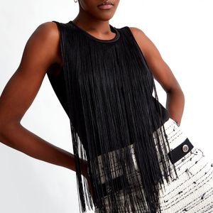 Black jersey top with fringes