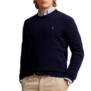 Navy crew-neck sweater in wool and cashmere with pony