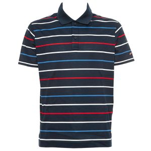 Blue colored striped polo shirt with logo patch