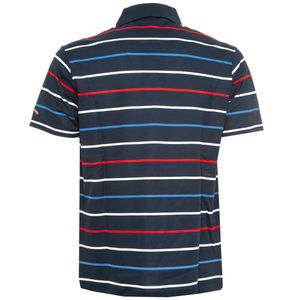Blue colored striped polo shirt with logo patch