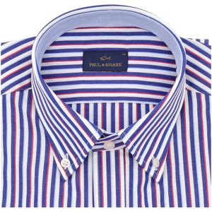 White, blue and red striped button-down shirt