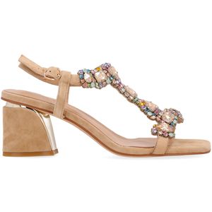 Beige jewel sandal with wide heel
