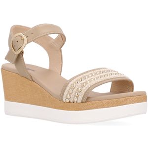 Wedge sandal in leather and technical fabric
