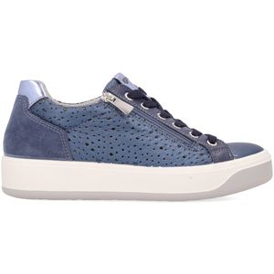 Jeans-effect perforated leather sneakers