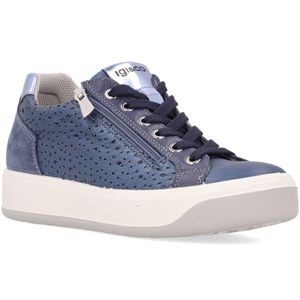 Jeans-effect perforated leather sneakers