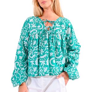 Turquoise blouse with printed pattern and V-neck