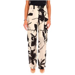 Beige and black floral silk trousers