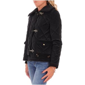 Black 3 Hook Quilted Velvet Short Coat