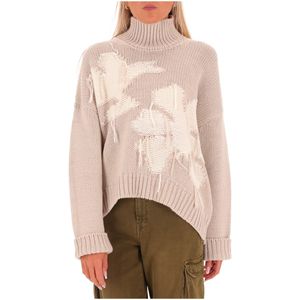 Beige wool blend sweater with maxi front embroidery