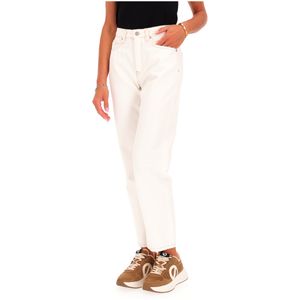 White recycled cotton jeans with beige embroidery