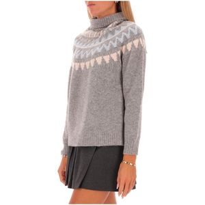 Grey high neck sweater in cotton blend with geometric design