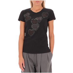 T-shirt nera con cuori e strass