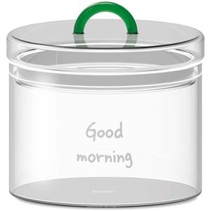 Transparent borosilicate glass jar with writing