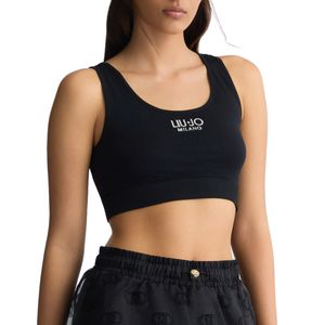 Top cropped in jersey nero con logo