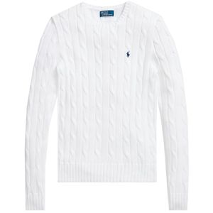 White Cotton Cable Knit Crewneck Sweater with Pony