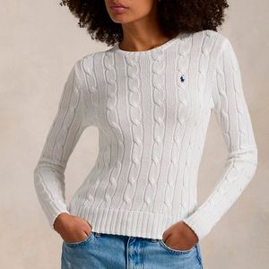 White Cotton Cable Knit Crewneck Sweater with Pony