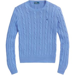 Light blue crew neck sweater in cable knit cotton with pony