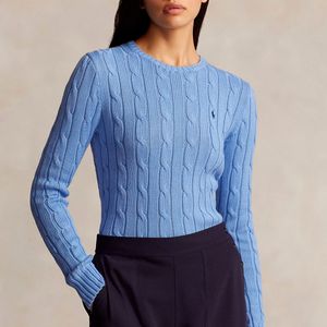 Light blue crew neck sweater in cable knit cotton with pony
