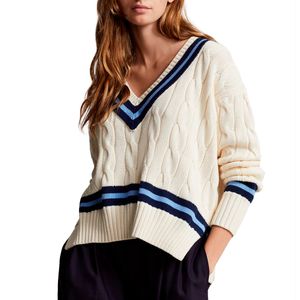 V-Neck Cable Knit Cotton Sweater