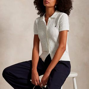 Cotton cable knit polo style cardigan