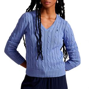 Blue V-Neck Cotton Cable Sweater with Pony