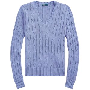 Blue V-Neck Cotton Cable Sweater with Pony