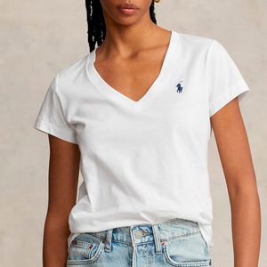V-neck T-Shirt in white cotton jersey with pony
