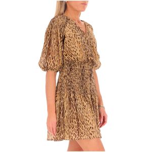 Short animalier dress with gathered waist