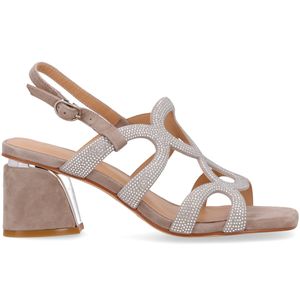 Sandalo taupe con tacco e strass
