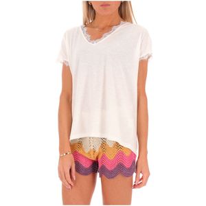 T-shirt con scollo a V e dettagli in pizzo