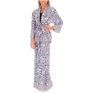 Giacca kimono stampa etnica beige e blu