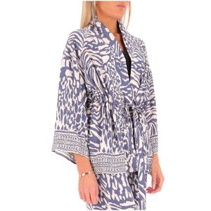 Giacca kimono stampa etnica beige e blu