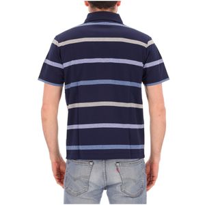 Blue polo with grey and light blue stripes